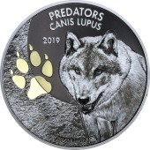 Серебряная монета 1oz Волк (Canis Lupus) 20 франков Конго 2019 (позолота