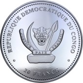 Срібна монета 1oz Вовк (Canis Lupus) 20 франків Конго 2019 (позолота, колір)