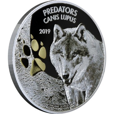 Серебряная монета 1oz Волк (Canis Lupus) 20 франков Конго 2019 (позолота
