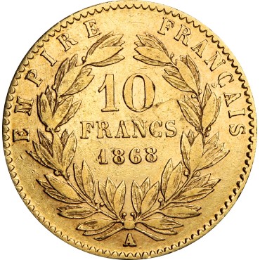 Золотая монета 10 франков 1868 Франция