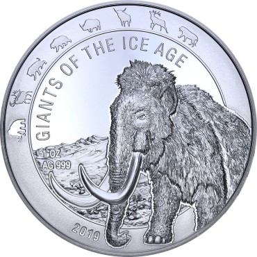 Серебряная монета 1oz Мамонт 5 седи 2019 Гана