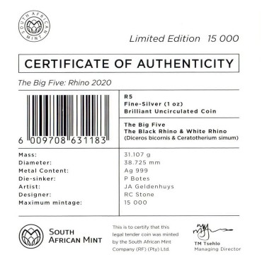 Срібна монета 1oz Носоріг 5 ранд 2020 Південна Африка