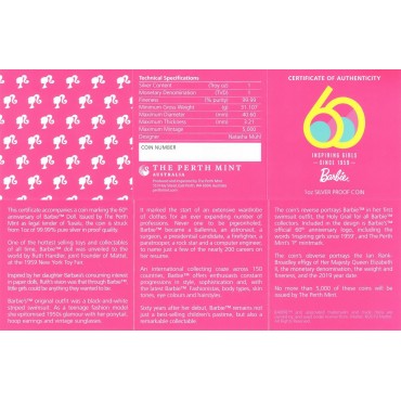 Серебряная монета 1oz Барби 60-ти летие 1 доллар 2019 Тувалу (цветная)