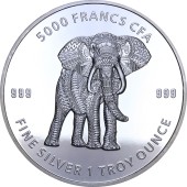 Серебряная монета 1oz Слон 5000 франков КФА 2019 Чад