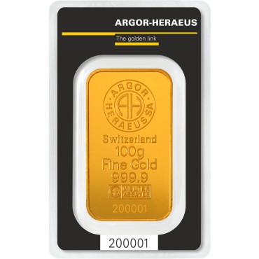 Золотий зливок 100 грам 9999 Fine Gold Argor-Heraeus