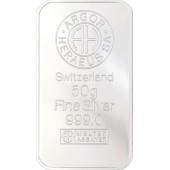 Серебряный слиток 50 грамм 999 Fine Silver Argor-Heraeus