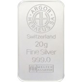 Срібний зливок 20 грам 999 Fine Silver Argor-Heraeus