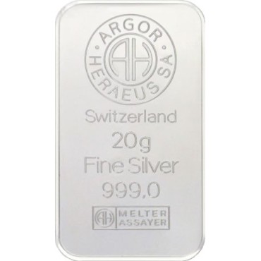 Срібний зливок 20 грам 999 Fine Silver Argor-Heraeus
