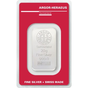Срібний зливок 20 грам 999 Fine Silver Argor-Heraeus