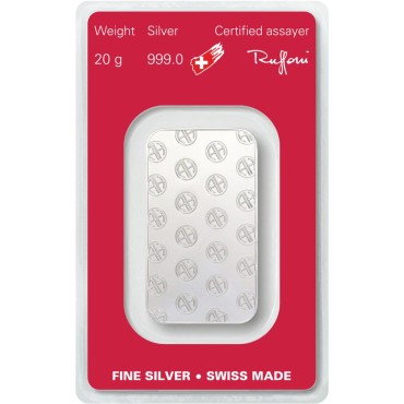 Срібний зливок 20 грам 999 Fine Silver Argor-Heraeus