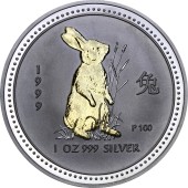 Серебряная монета 1oz Год  Кролика 1 доллар 1999 Австралия (позолота)