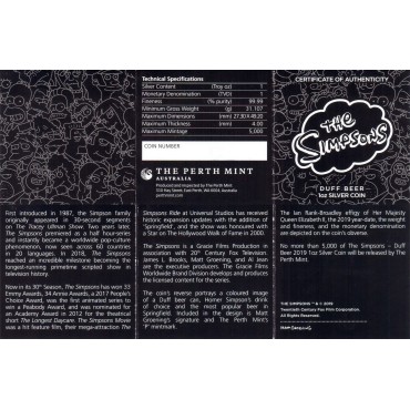 Серебряная монета 1oz Пиво Дафф (серия "Симпсоны") 1 доллар 2019 Тувалу (цветная)