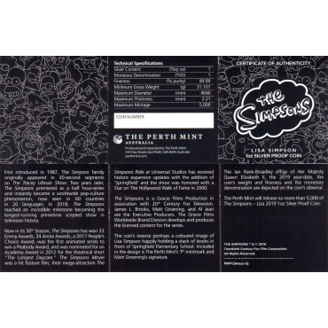Серебряная монета 1oz Лиза Симпсон (серия "Симпсоны") 1 доллар 2019 Тувалу (цветная)