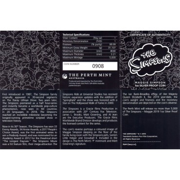 Серебряная монета 1oz Мэгги Симпсон (серия "Симпсоны") 1 доллар 2019 Тувалу (цветная)