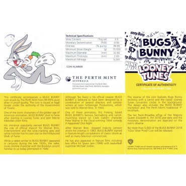 Серебряная монета 1/2oz Кролик Багз (серия "Looney Tunes") 50 центов 2018 Тувалу (цветная)