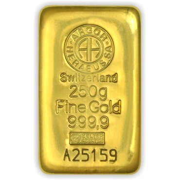 Золотий зливок 250 грам 9999 Fine Gold Argor-Heraeus