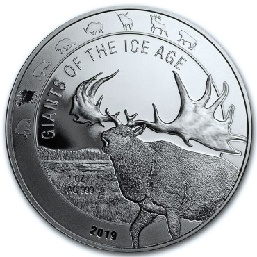 Серебряная монета 1oz Гигантский Олень "Megaloceros" 5 седи 2019 Гана