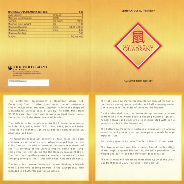 Серебряная монета 4oz Год Мыши (Крысы) "Квадрант" 4 доллара 2020 Тувалу (цветная)