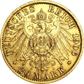 Золотая монета Вильгельм II 20 марок 1906 Пруссия Германская Империя