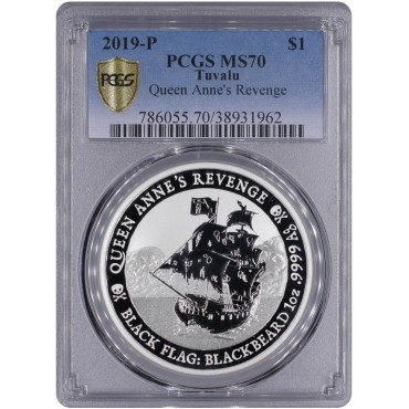 Серебряная монета 1oz Пиратский корабль «Месть Королевы Анны» 1 доллар 2019 Тувалу (PCGS MS70)
