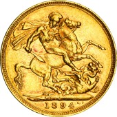 Золотая монета Соверен Виктории 1 Английский Фунт 1894 Великобритания