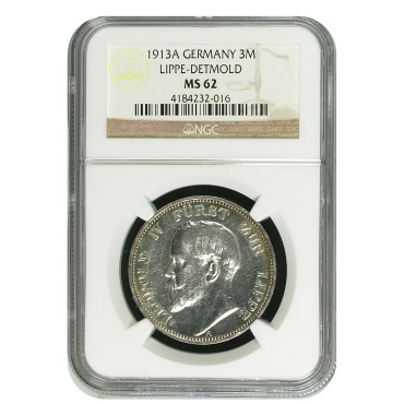 Серебряная монета 3 марки 1913 Липпе NGC MS62
