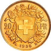 Золотая монета Гельвеция 20 франков 1935 Швейцария