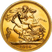 Золотая монета Соверен Елизаветы II 1974 Великобритания