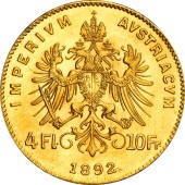 Золота монета 4 Флоріна/10 Франків 1892 Австрія (рестрайк)