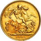 Золотая монета Соверен Виктории 1 Английский Фунт 1892 Великобритания