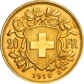 Золотая монета Гельвеция 20 франков 1910 Швейцария