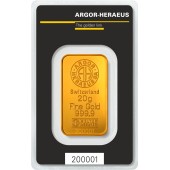 Золотий зливок 20 грам 9999 Fine Gold Argor-Heraeus