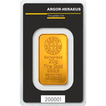 Золотий зливок 20 грам 9999 Fine Gold Argor-Heraeus