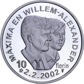 Серебряная монета Брачный союз Принца Виллем-Александра и Максимы Соррегьеты 10 Флоринов 2002 Аруба
