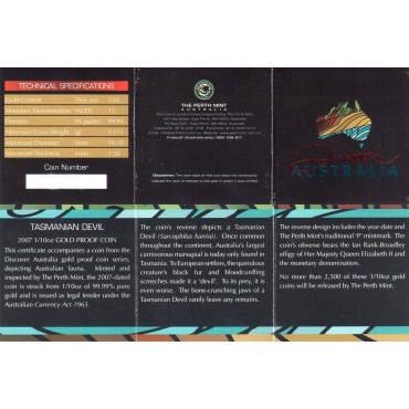 Золотая монета 1/10oz Тасманский Дьявол 15 долларов 2007 Австралия