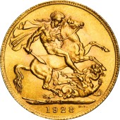 Золотая монета Соверен Георга V 1 Английский Фунт 1928 Великобритания