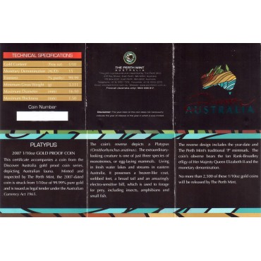 Золота монета 1/10oz Качконіс 15 доларів 2007 Австралія