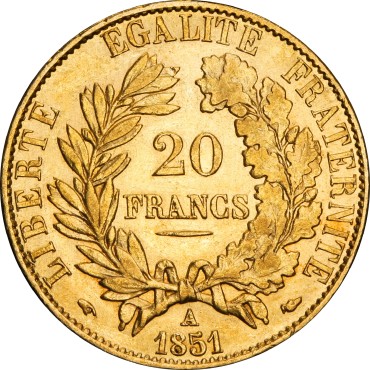 Золота монета 20 франків 1851 Франція