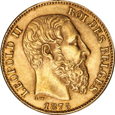 Золотая монета 20 франков 1875 Бельгия