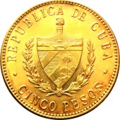 Золотая монета 5 песо 1915 Куба