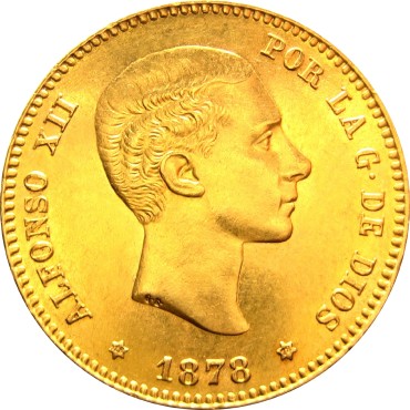 Золотая монета Альфонсо XII 25 песет 1878 Испания