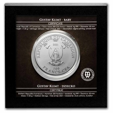 Серебряная монета Климт "Младенец" 500 франков КФА 2021 Камерун (цветная)