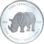 Серебряная монета 1oz Носорог 5000 франков КФА 2018 Чад