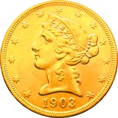 Золотая монета Американский Орел 5 долларов 1903 США