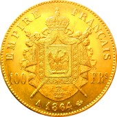 Золотая монета Наполеон III 100 франков 1864 Франция