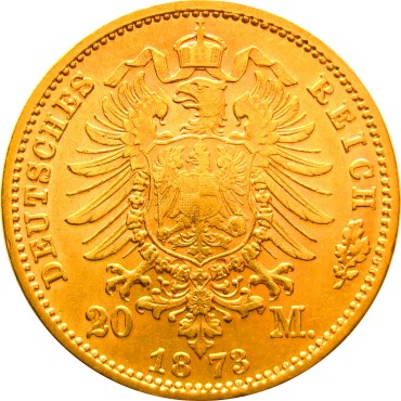 Золотая монета 20 марок 1873 Саксония Германская Империя