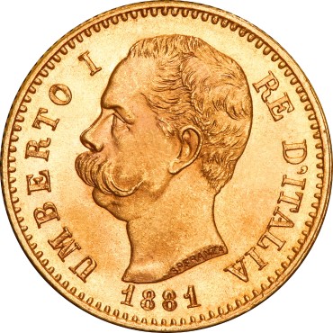 Золотая монета Умберто I 20 лир 1881 Италия