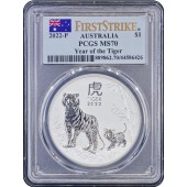 Серебряная монета 1oz Год Тигра 1 доллар 2022 Австралия (PCGS MS70, First Strike, Flag Label)
