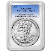Серебряная монета 1oz Американский Орел 1 доллар 2021 США (Тип 2) (PCGS MS69)