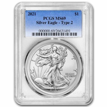Срібна монета 1oz Американський Орел 1 долар 2021 США (Тип 2) (PCGS MS69)